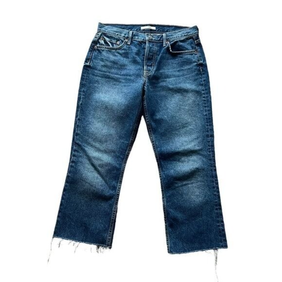 Grlfrnd Jeans Blue Tatum Cropped Slim Mid Rise Micro Boot Frayed Hem 28 - Picture 1 of 6
